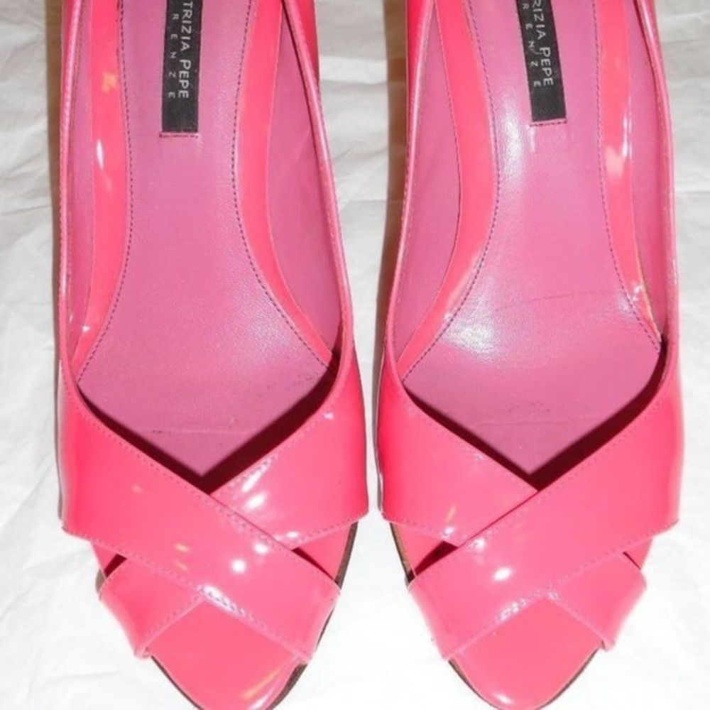 Patrizia Pepe Patent Leather Fuchsia Hot Pink Open Toe Cross Pumps Heels‎ Shoes